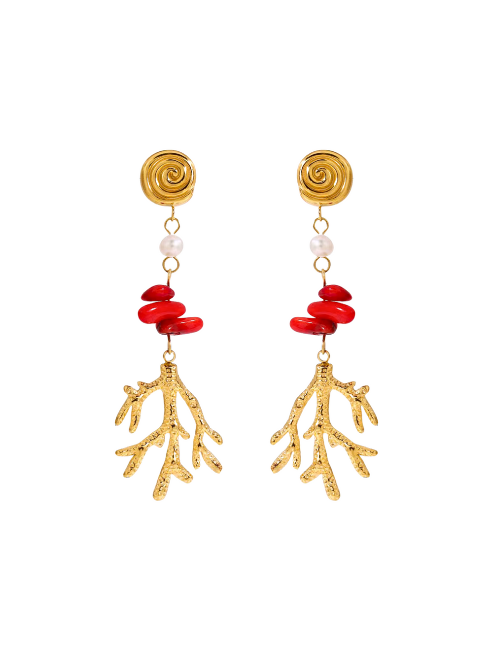 Par Arete Caracol Con Perlas Y Dije Coral