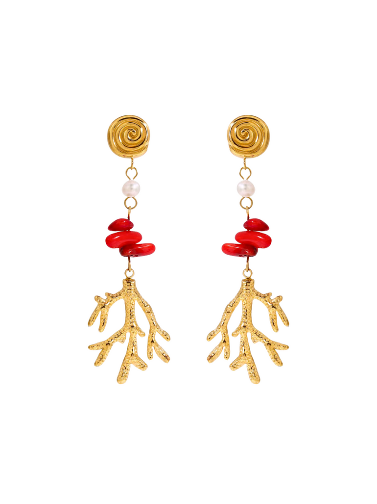 Par Arete Caracol Con Perlas Y Dije Coral