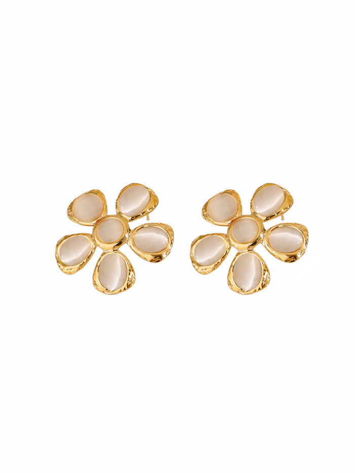 Par Arete Dorado Flor Piedra Blanca