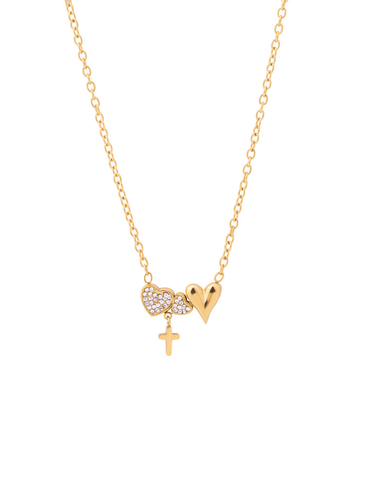 Collar Con Doble Corazon y Cruz