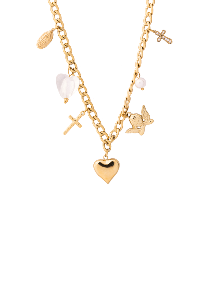 Collar Con Dije Corazon, Cruz y Angel