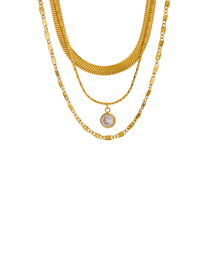 Collar Triple Planchado Dije Zirconia Redonda