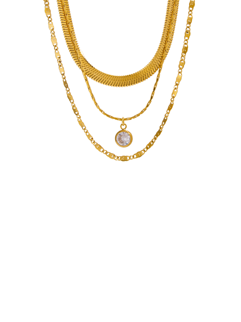 Collar Triple Planchado Dije Zirconia Redonda