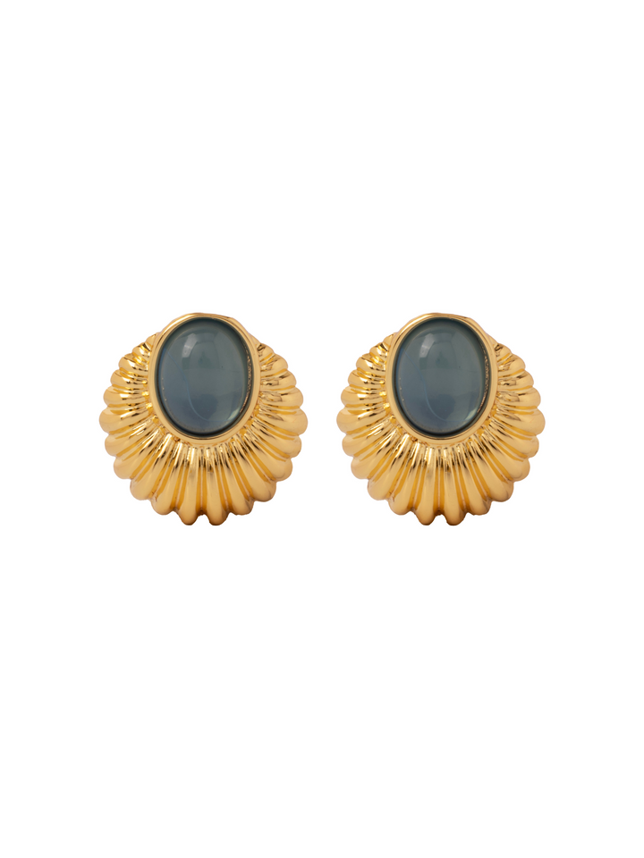 Par Arete Con Piedra Negra Ovalada Con Lineas
