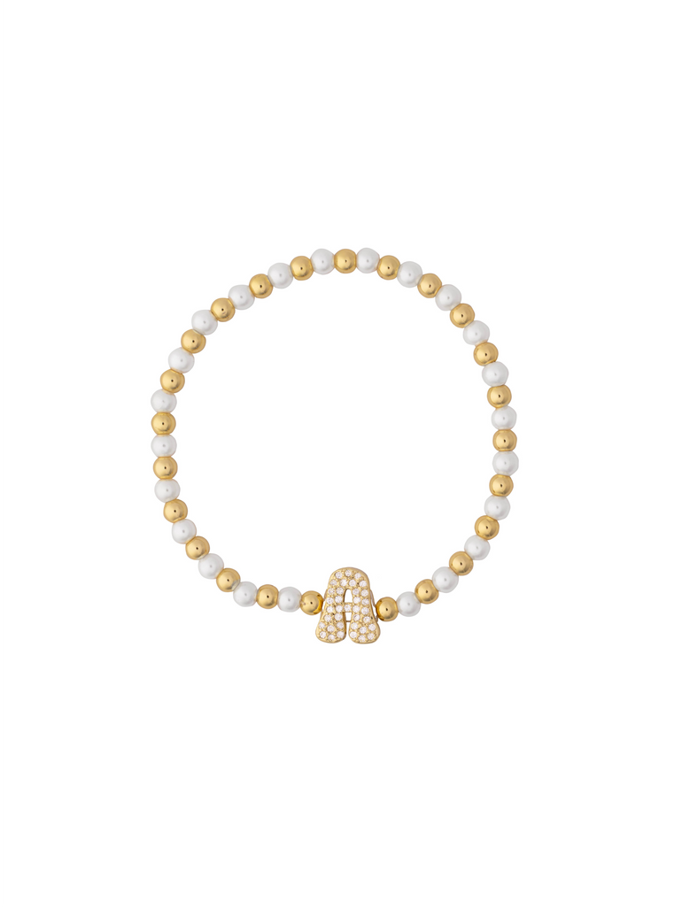 Pulsera Bolitas Doradas y Perlas Con Inicial Zirconias