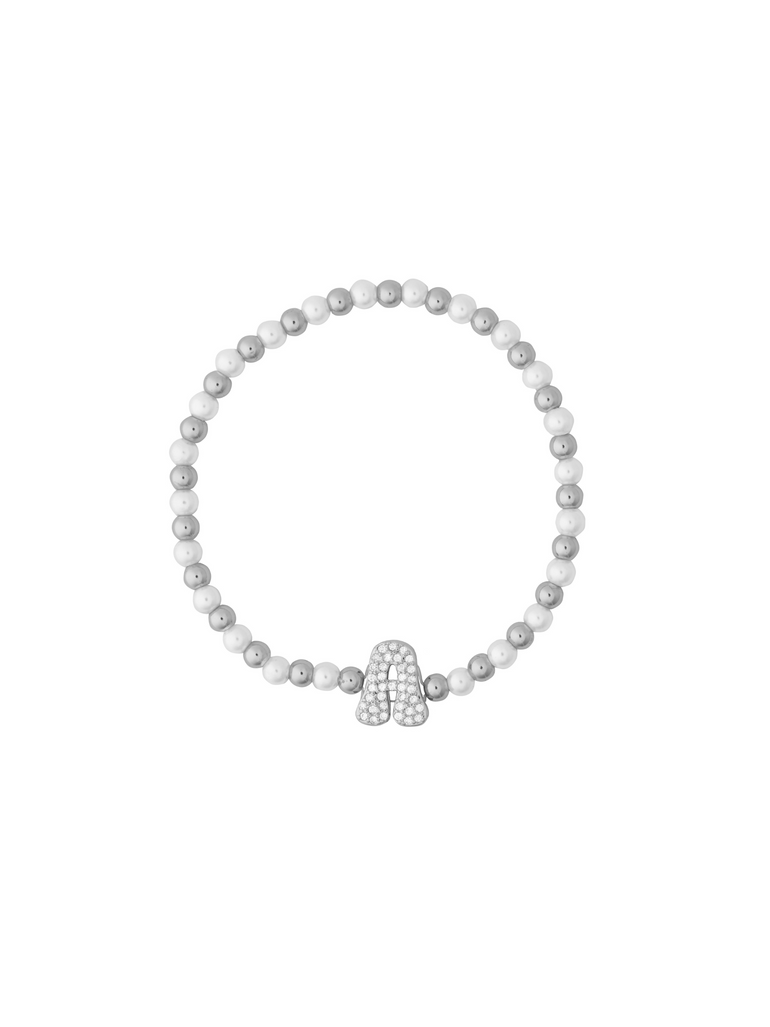 Pulsera Bolitas Plateadas y Perlas Con Inicial Zirconias
