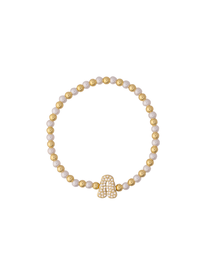 Pulsera Bolitas Doradas y Perlas Con Inicial Zirconias