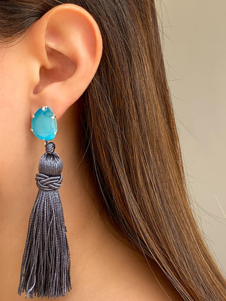 Par Arete Mini Ojo de Gato Celeste Con Colgante Gris