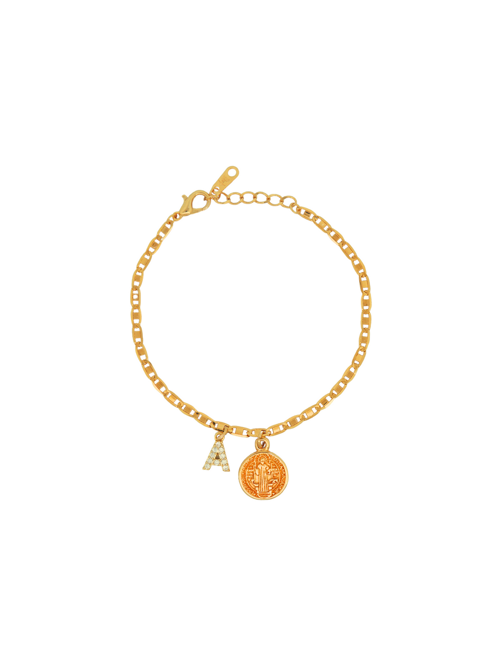 Pulsera Eslabon Planchado 3 mm Con Inicial y San Benito