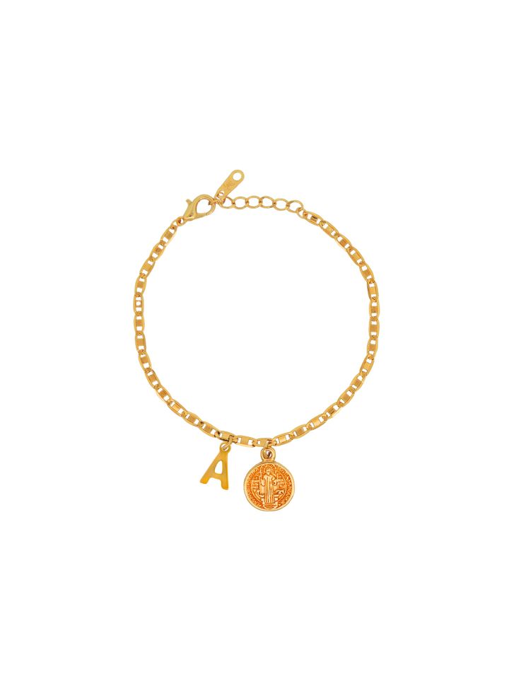 Pulsera Eslabon Planchado 3 mm Con Inicial y San Benito