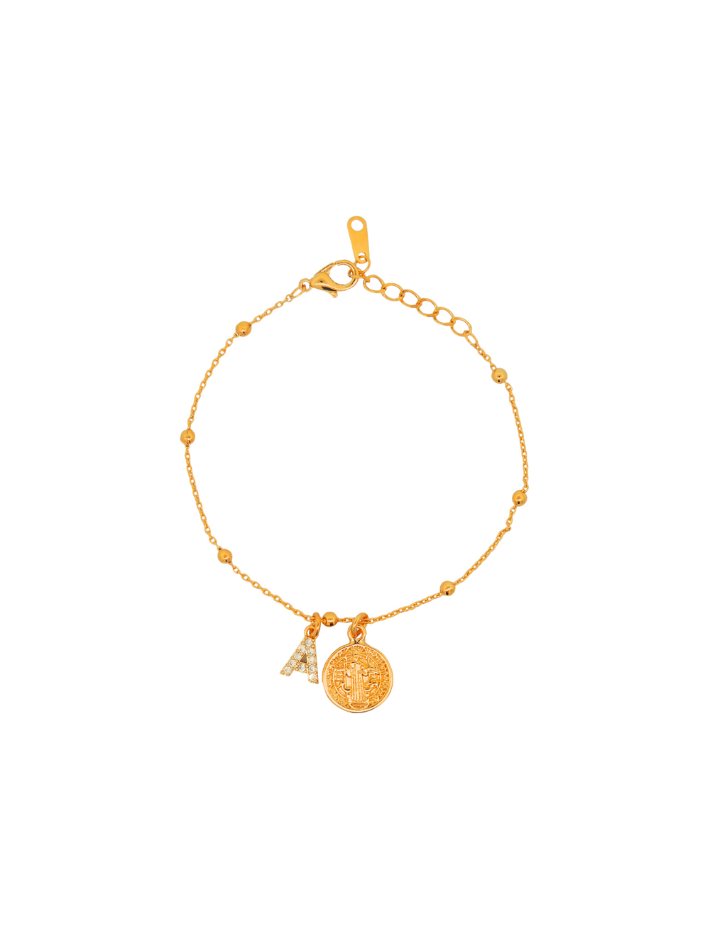 Pulsera Con Bolitas Doradas Inicial y San Benito