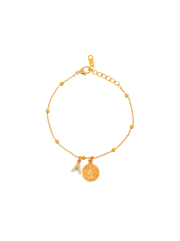 Pulsera Con Bolitas Doradas Inicial y San Benito