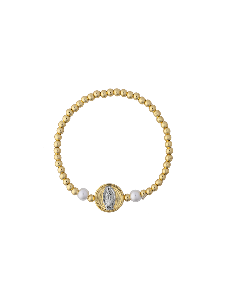 Pulsera Bolitas Virgen Plateada Con Perlita