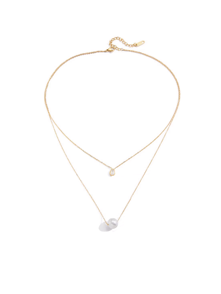 Collar Doble Con Gota Zirconia y Perla
