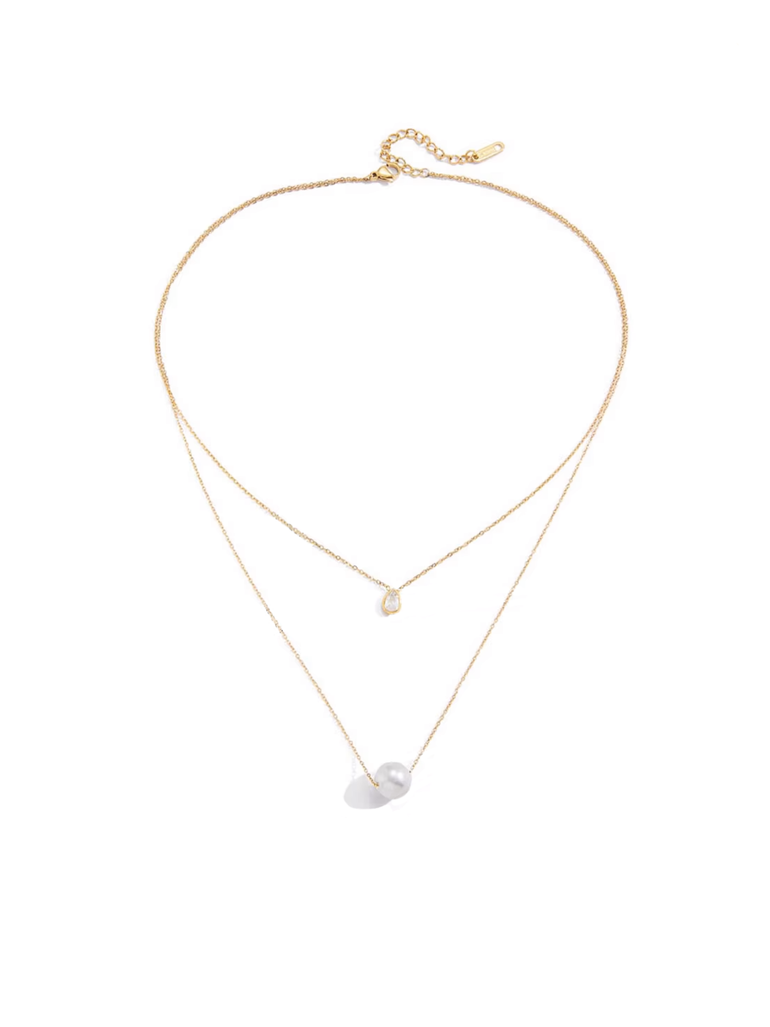 Collar Doble Con Gota Zirconia y Perla