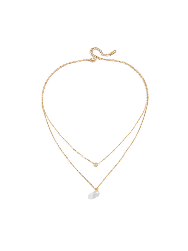 Collar Doble Con Zirconia y Perla