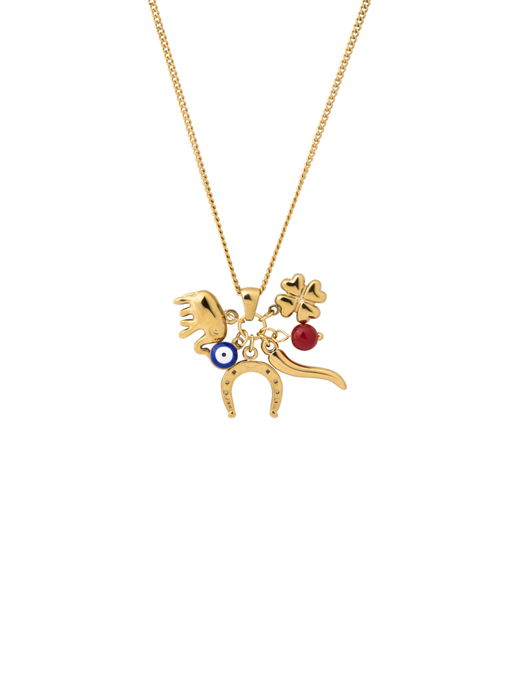 Collar Con Dije Elefante, Herradura, Ojo y Trebol