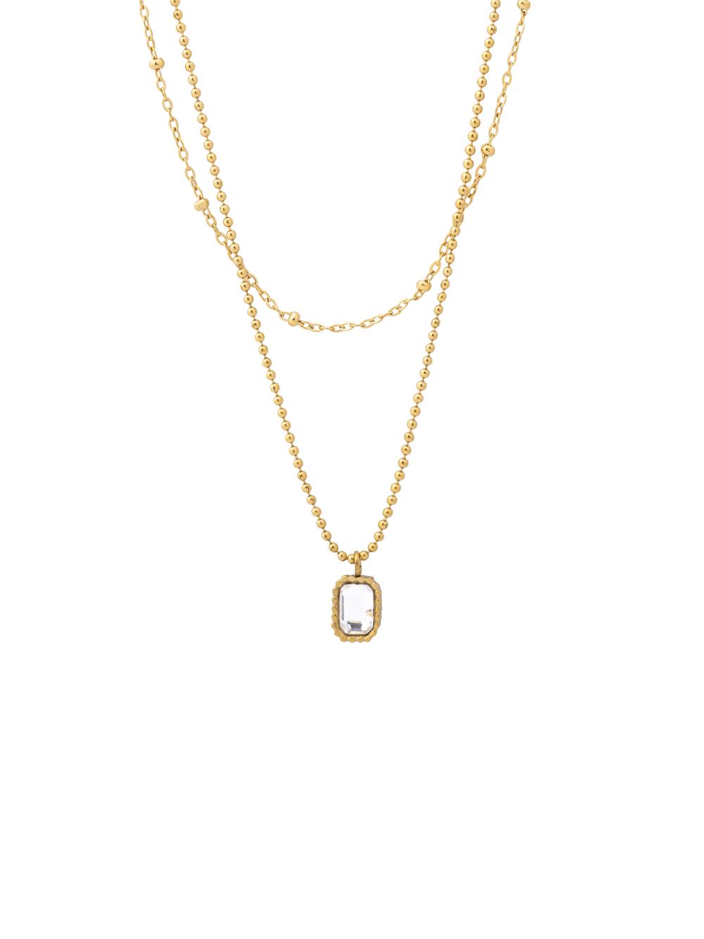 Collar Doble Bolitas Con Dije Rectangular