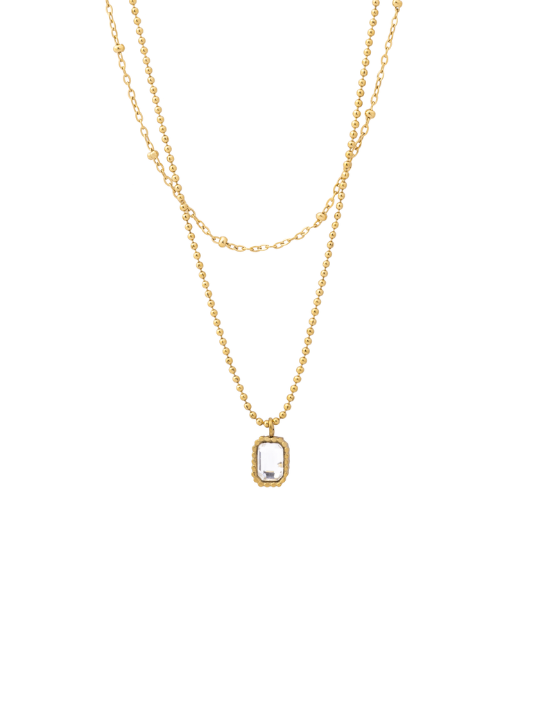 Collar Doble Bolitas Con Dije Rectangular