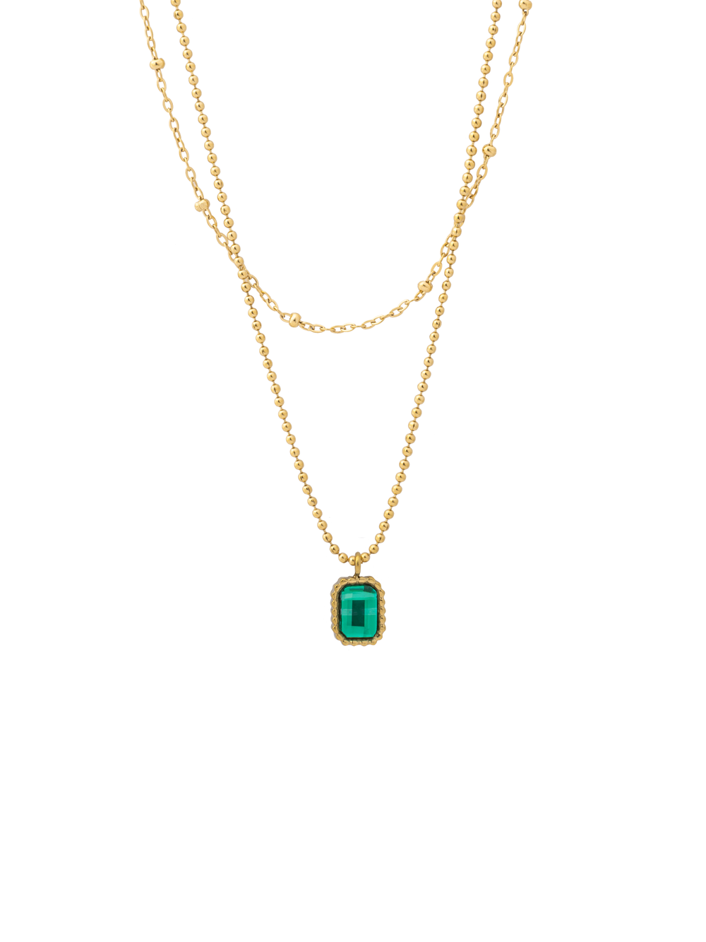 Collar Doble Bolitas Con Dije Rectangular