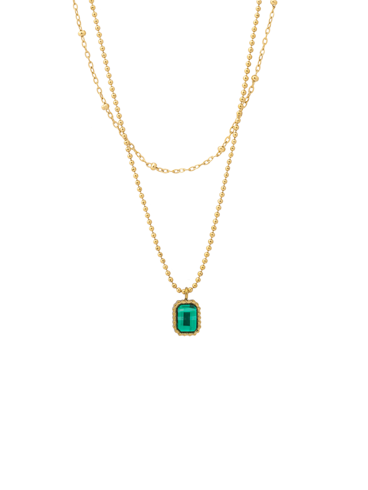 Collar Doble Bolitas Con Dije Rectangular