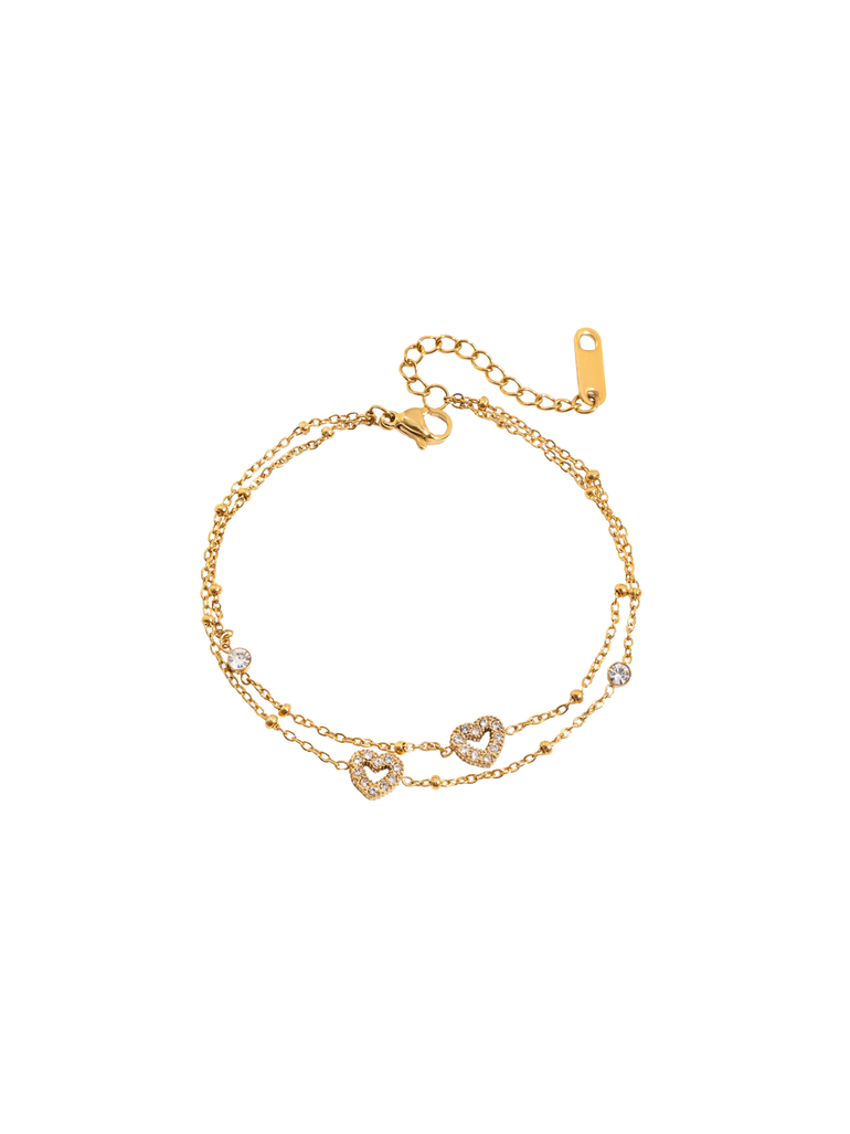 Pulsera Doble Con Corazones y Zirconias
