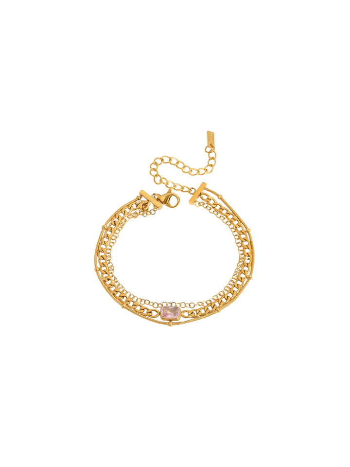 Pulsera Triple Cadena Con Zirconia Rosa