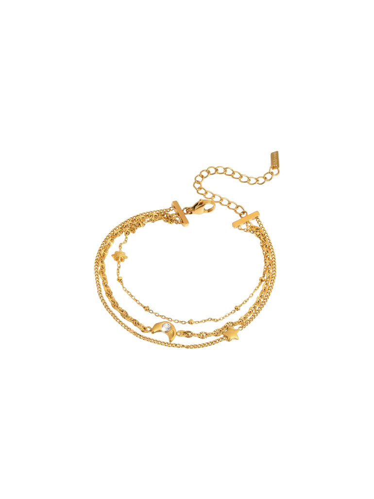Pulsera Triple Cadena Con Luna y Estrella