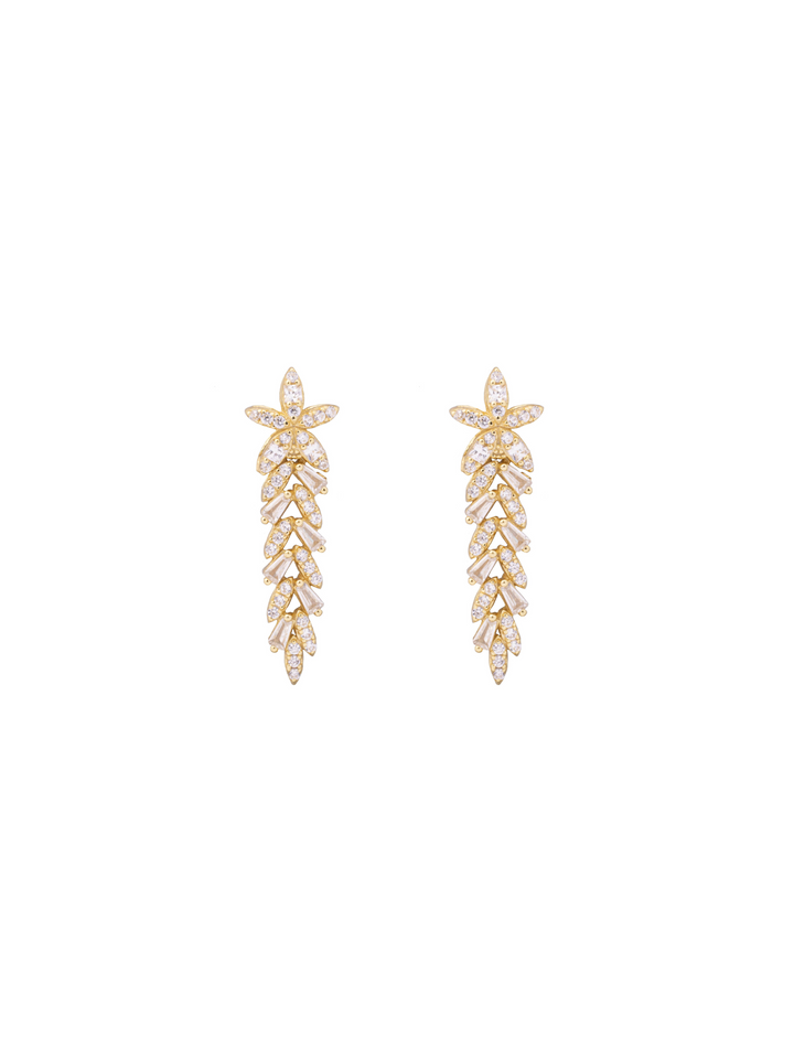 Par Arete Flor y Hojas Con Zirconias Corte Baguette