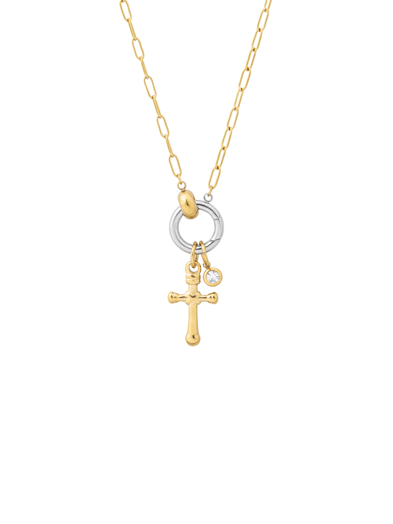 Collar Circulo Plateado Con Cruz Y Zirconia