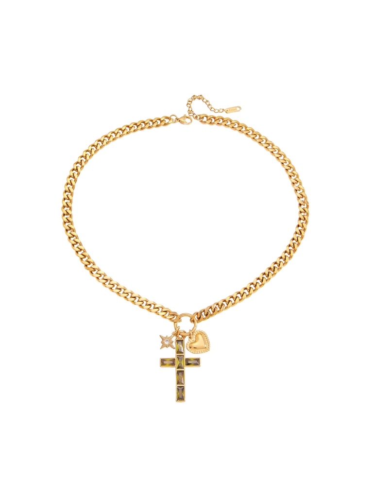 Collar Chunky Con Cruz Verde y Corazon