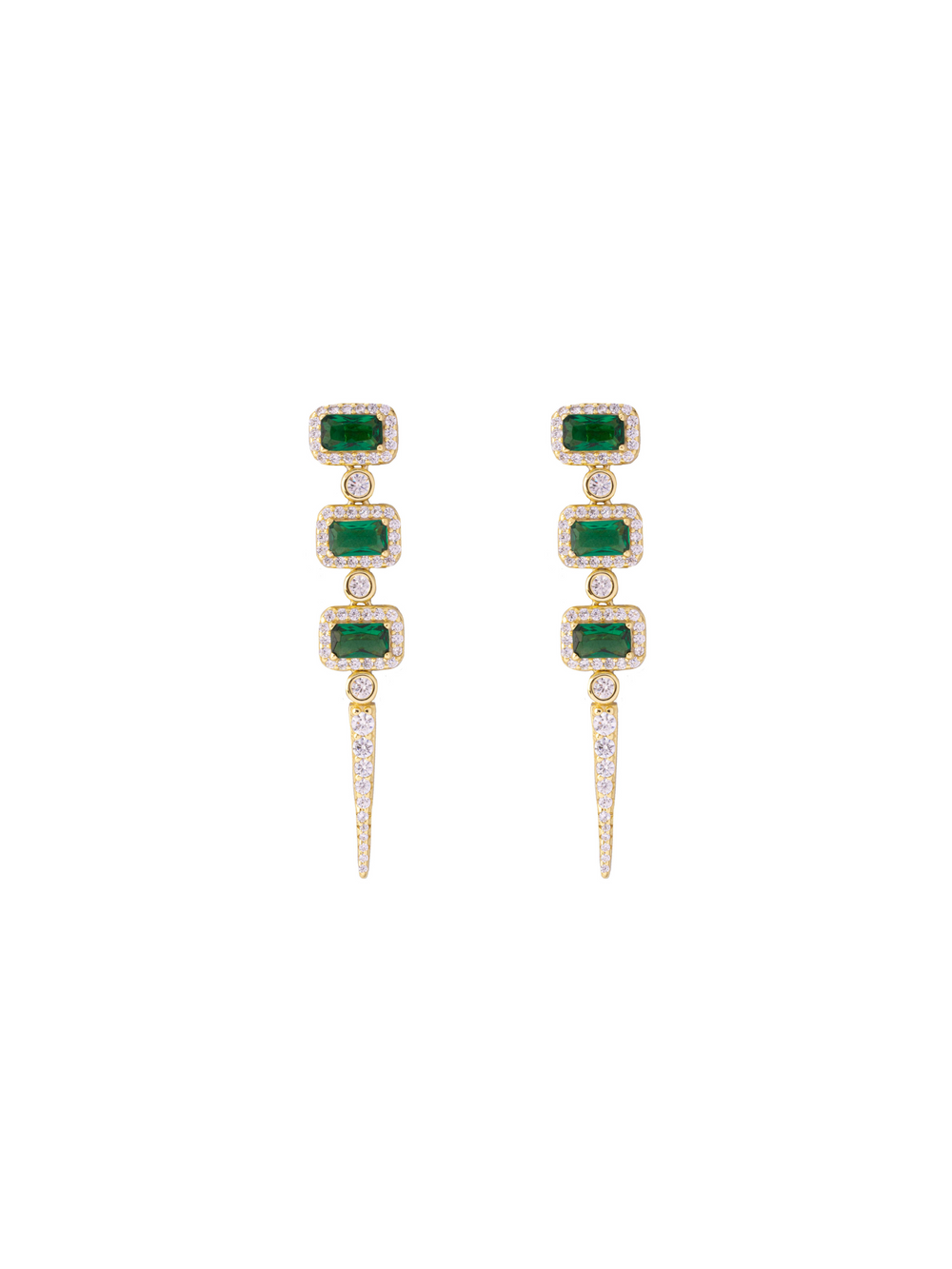 Par Arete Triple Rectangulo Verde Con Pico