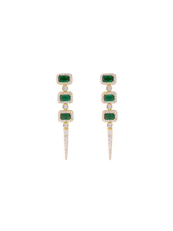 Par Arete Triple Rectangulo Verde Con Pico