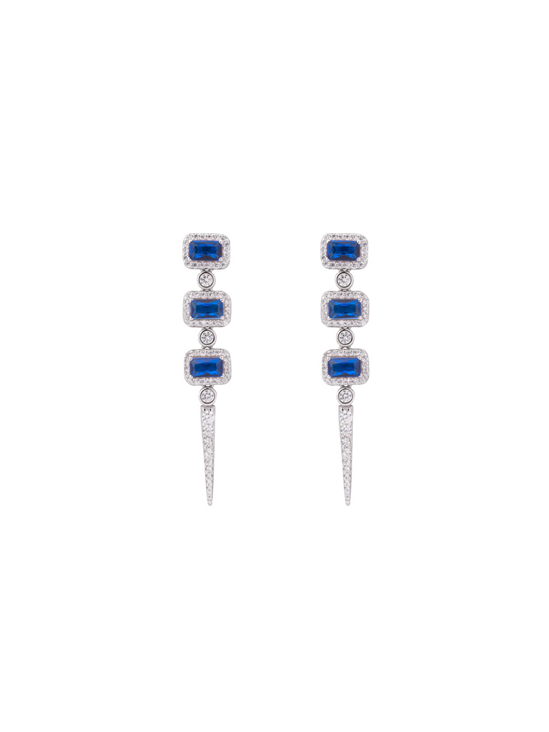 Par Arete Triple Rectangulo Azul Con Pico