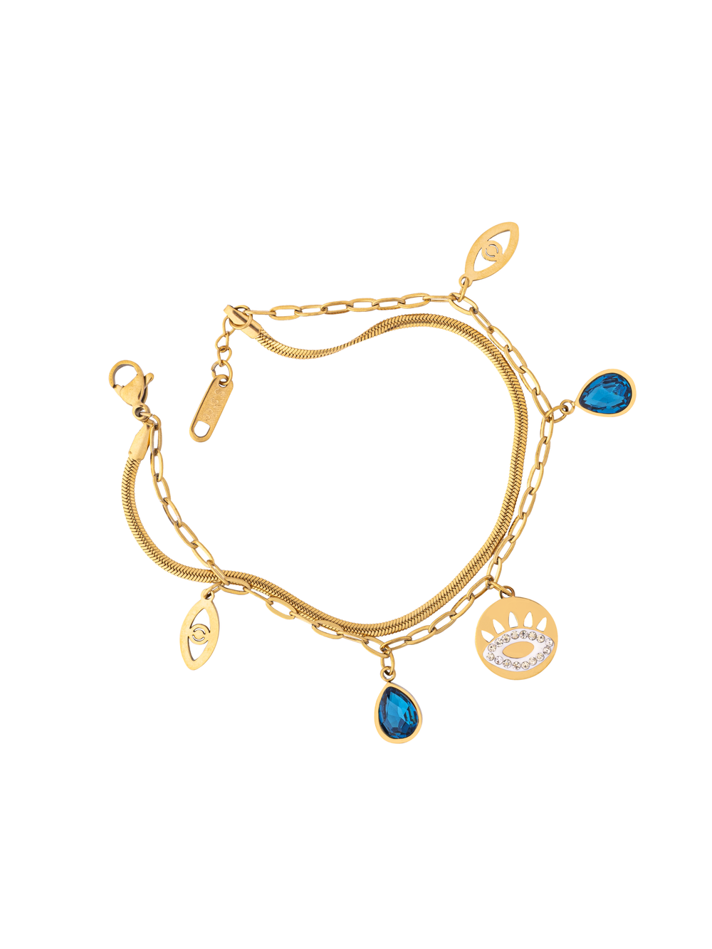Pulsera Doble Con Dijes Ojos y Gotas Azules