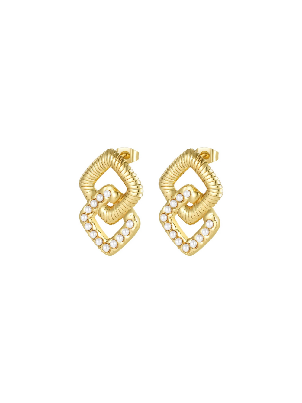 Par Arete Doble Rombo Trenzado Y Perlitas