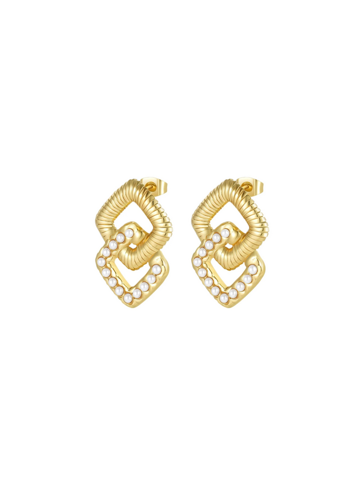 Par Arete Doble Rombo Trenzado Y Perlitas