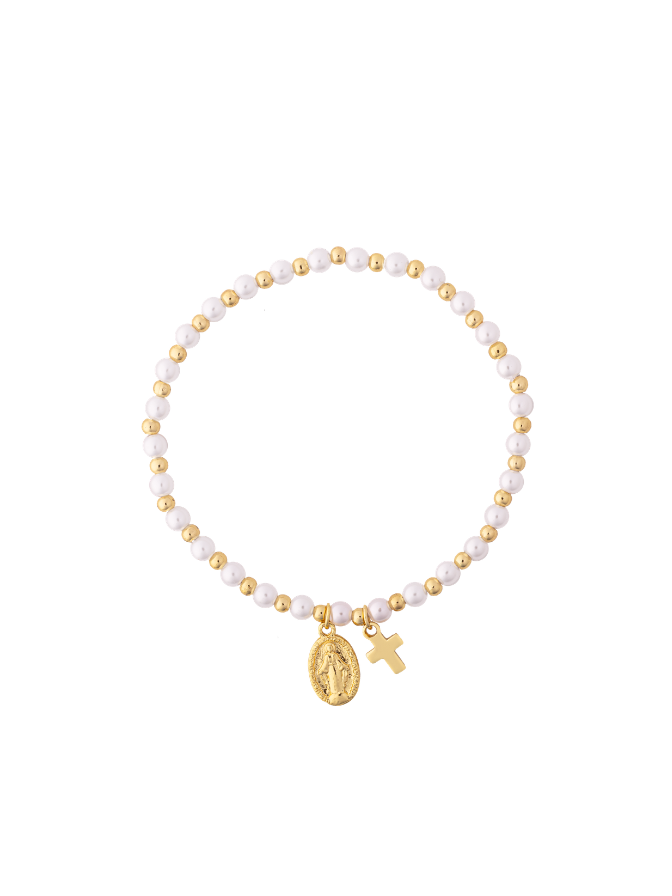 Pulsera Perlas Con Virgen Y Cruz