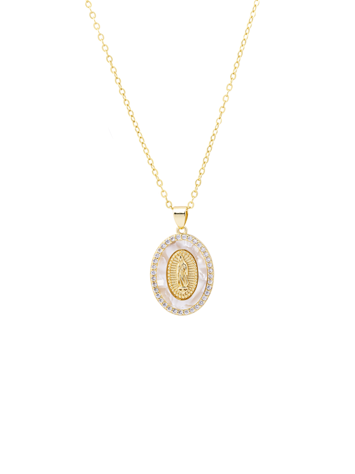 Collar Dije Virgen Ovalada Con Madre Perla