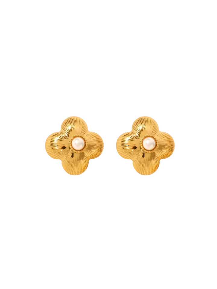 Par Arete Flor Cuatro Petalos Con Perla