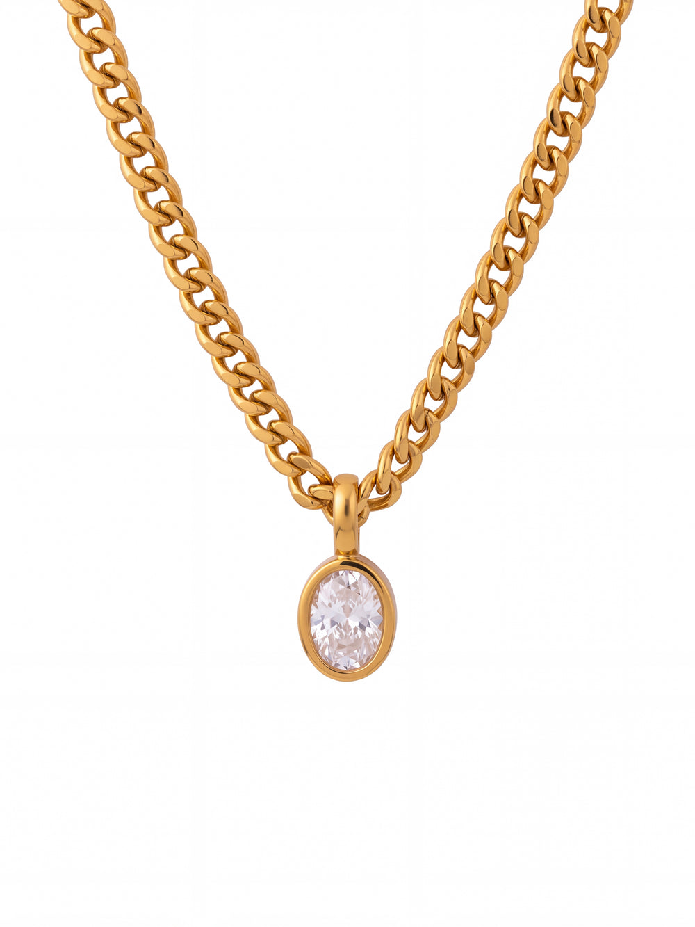 Collar Eslabon Cubano Con Dije Ovalado Zirconia