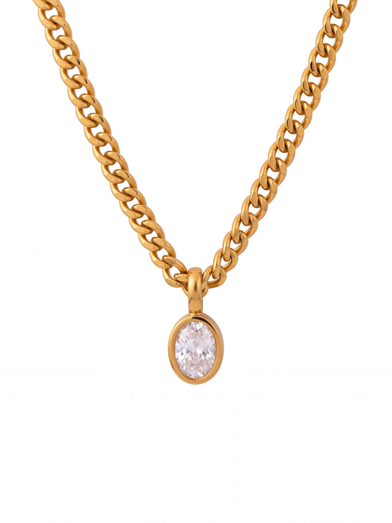 Collar Eslabon Cubano Con Dije Ovalado Zirconia