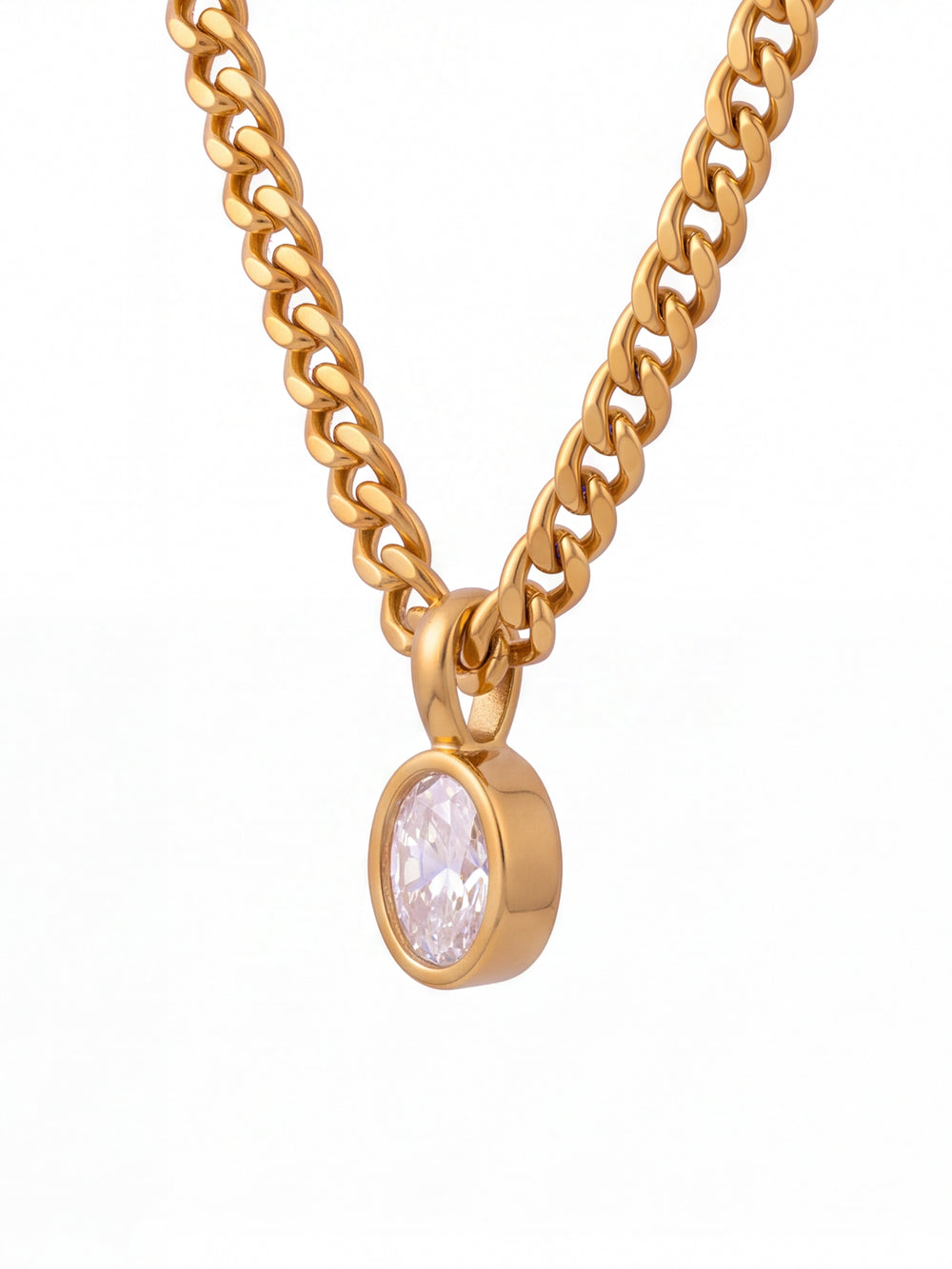 Collar Eslabon Cubano Con Dije Ovalado Zirconia