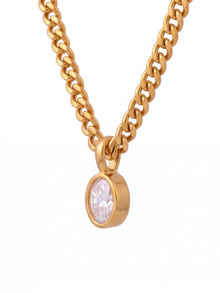 Collar Eslabon Cubano Con Dije Ovalado Zirconia