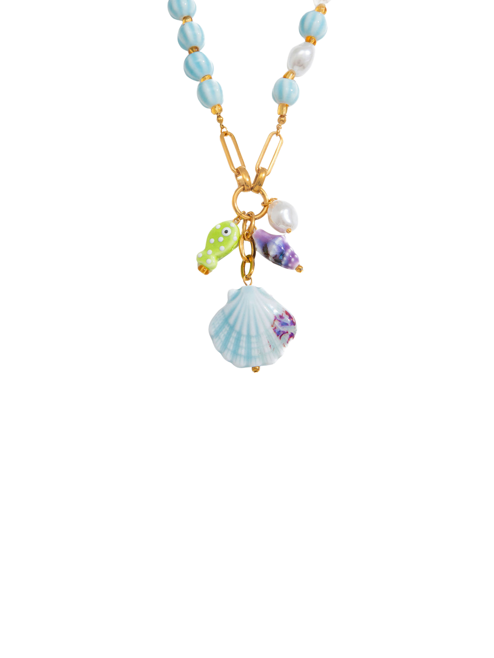Collar Bolitas Celestes Con Dijes Marinos