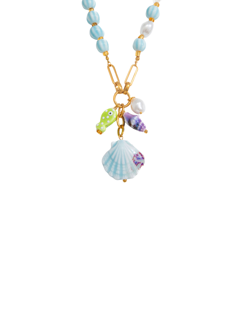 Collar Bolitas Celestes Con Dijes Marinos
