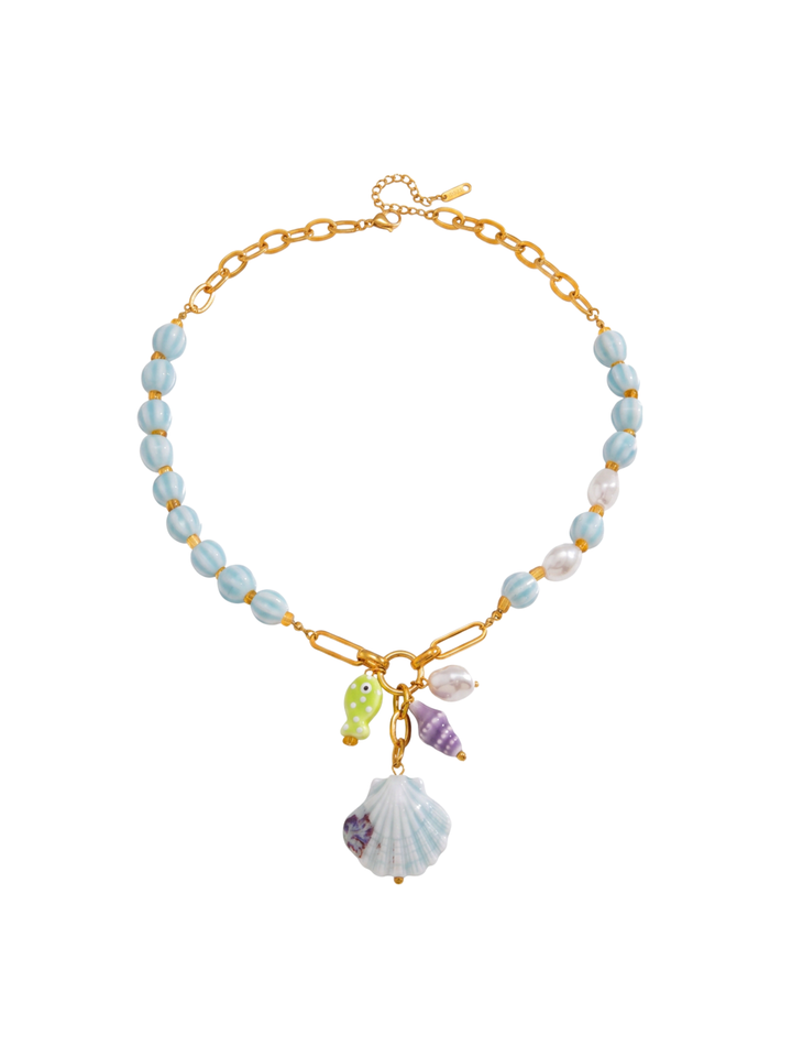 Collar Bolitas Celestes Con Dijes Marinos
