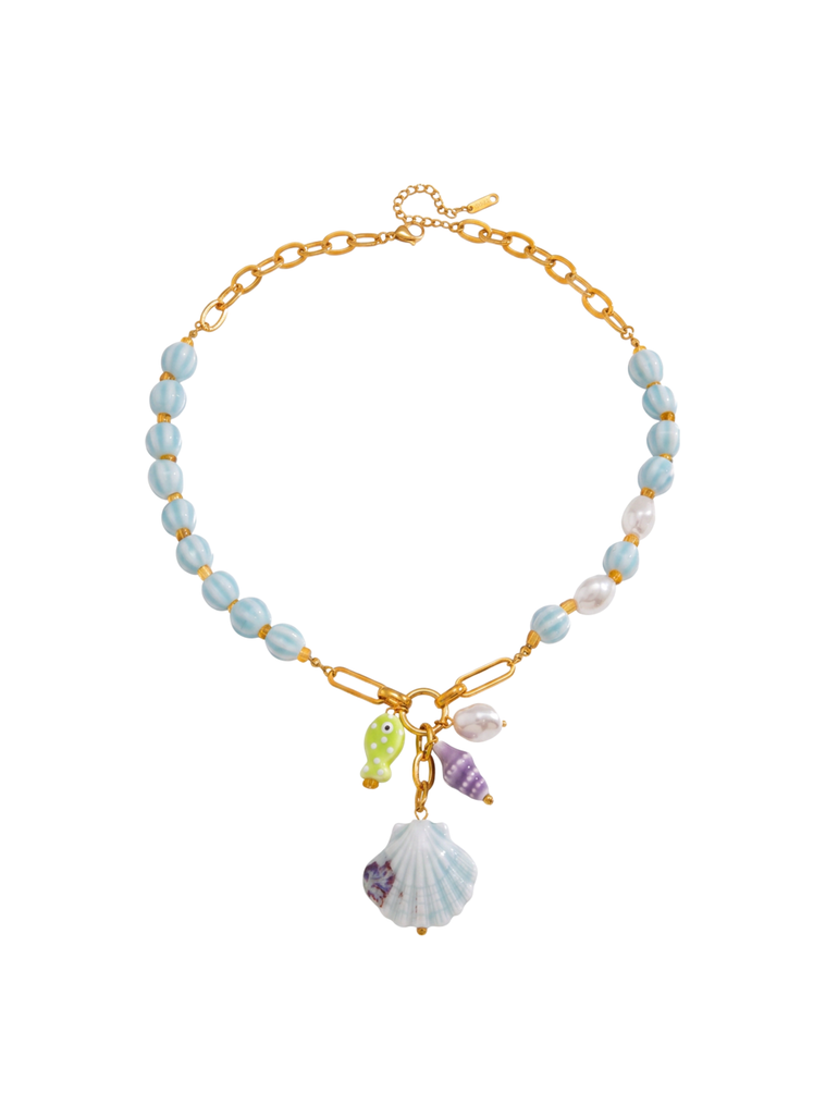 Collar Bolitas Celestes Con Dijes Marinos