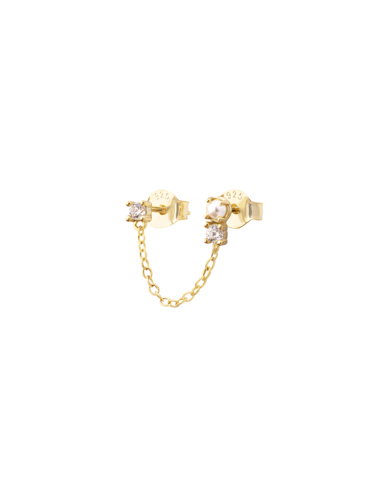 Arete Perla Y Doble Zirconia Con Cadena