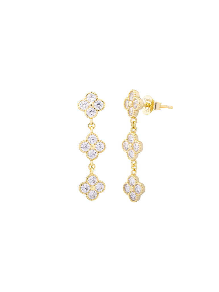 Par Arete Flor Cuatro Petalos Colgantes Zirconia